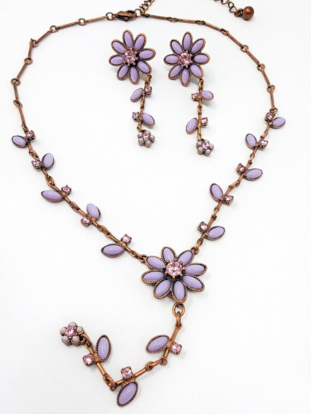 Lavender Floral Necklace Earring Set Pink Rhinestone Cabochon Copper Tone Coquet